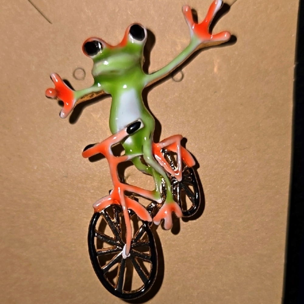 3D Frog on Bicycle Brooch